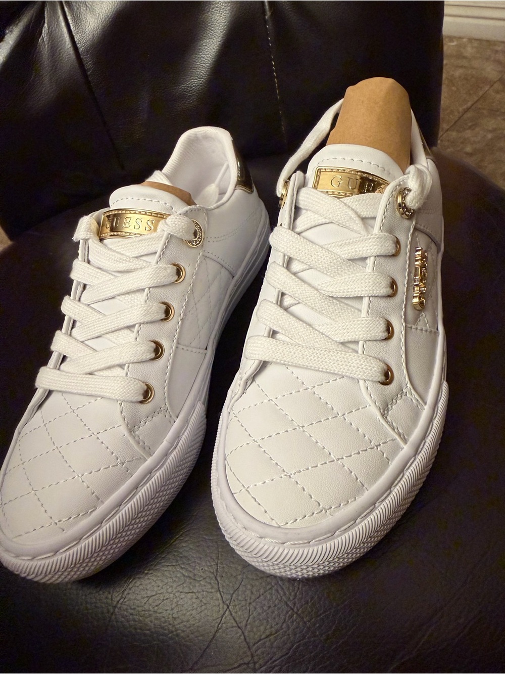 GUESS White Quilted Lace-Up Sneakers with Gold Hardware